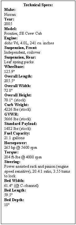 Text Box: Technical Specs: Make: Nissan Year: 2005 Model: Frontier, SE Crew Cab Engine: dohc V6, 4.0L, 241 cu. inches Suspension, Front: Independent, coilover Suspension, Rear: Leaf spring packs Wheelbase: 125.9' Overall Length: 205.5' Overall Width: 72.8' Overall Height: 70.1' (stock) Curb Weight: 4226 lbs (stock) GVWR: 5666 lbs (stock) Standard Payload: 1482 lbs (stock) Fuel Capacity: 21.1 gallons Horsepower: 265 hp @ 5600 rpm Torque: 284 ft-lbs @ 4000 rpm Steering: Power assisted rack and pinion (engine speed sensitive), 20.4:1 ratio, 3.55 turns to lock Bed Width: 61.4' (@ C-channel) Bed Length: 59.5' Bed Depth: 18' 