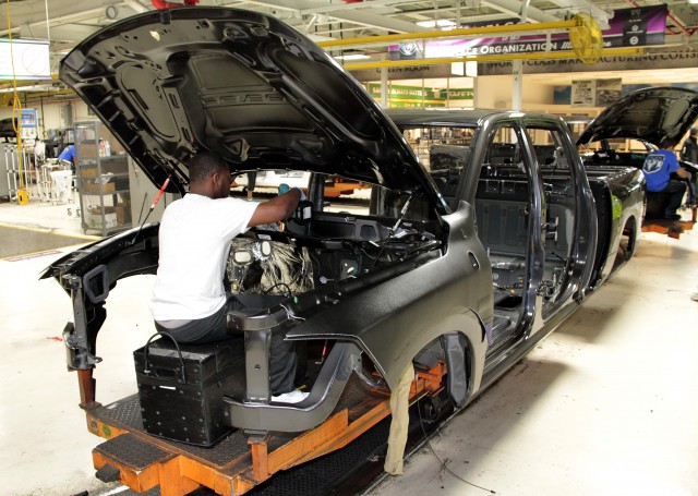 Deonte Clark preps a Ram 1500 for EcoDiesel powertrain installation at Warren Truck Assembly Plant