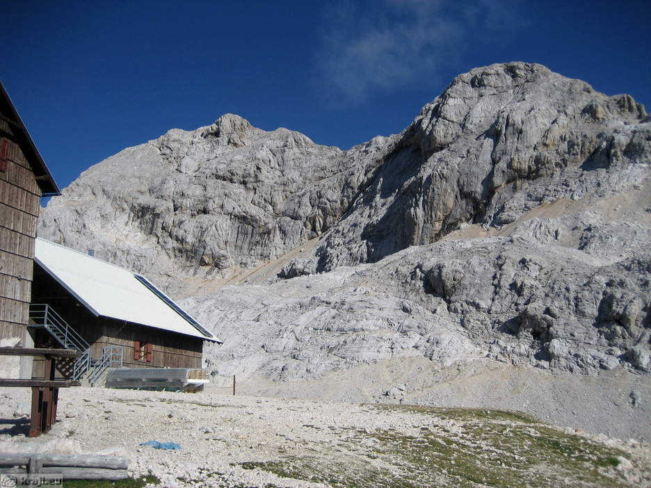 Mount triglav behind the Dom Planika mountain hut