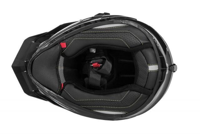 touratech's aventuro carbon 2 helmet underside with leather lining