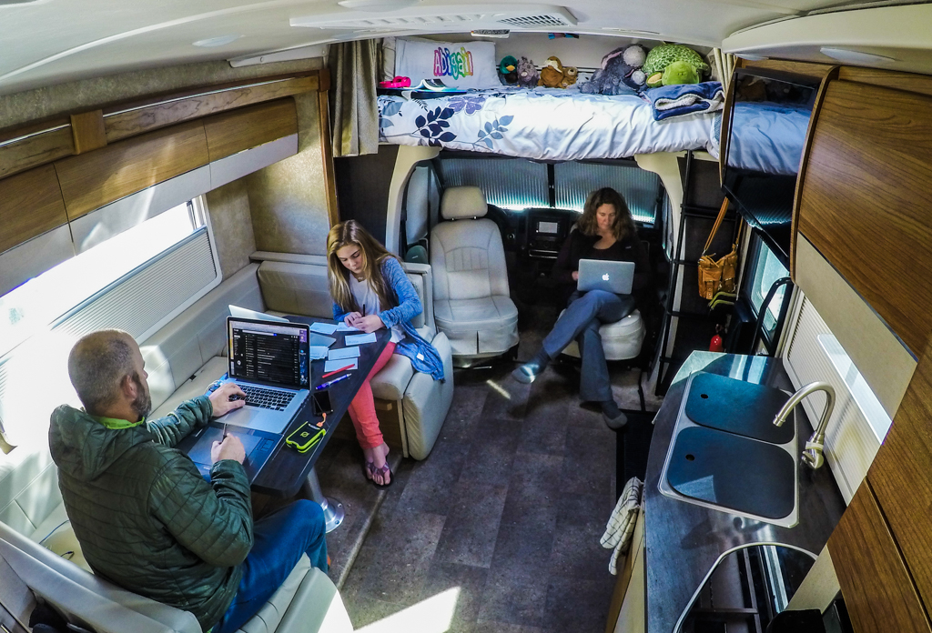 family working in a van