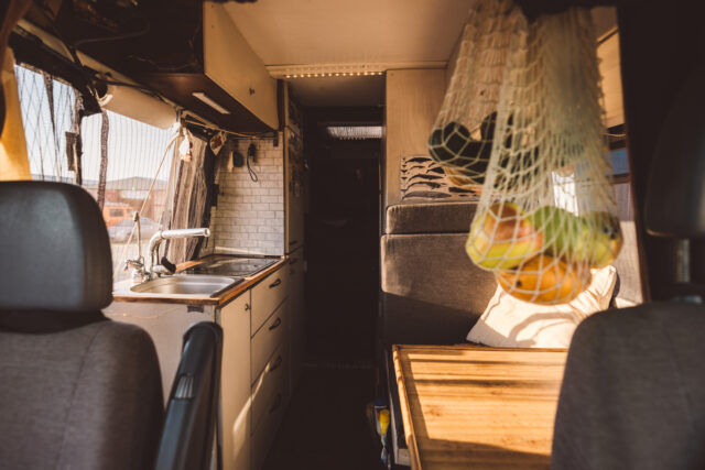 A Mercedes Sprinter T1N 4x4 camper interior