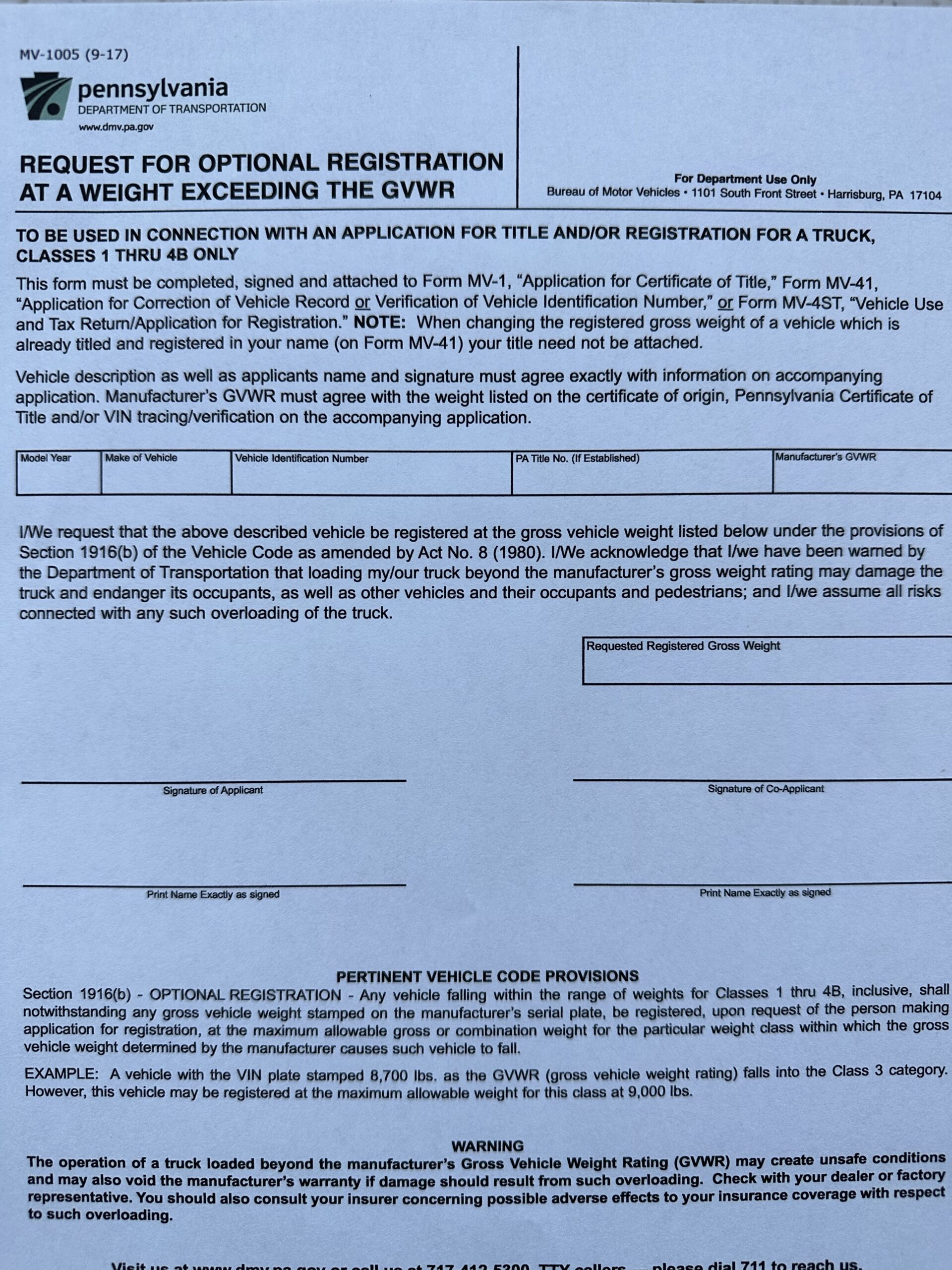 Pennsylvania forms gross vehicle weight rating