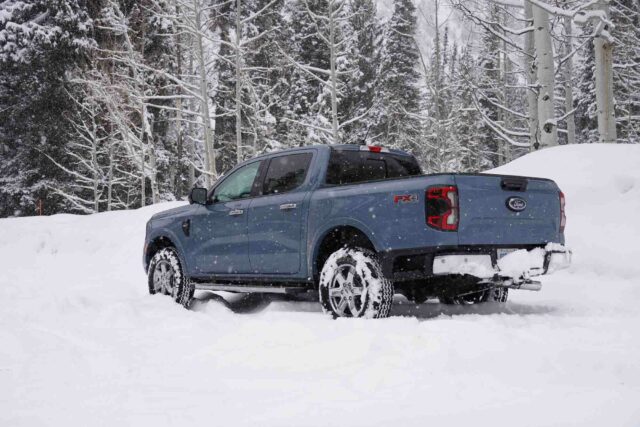 2024 Ford Ranger rear view in snow