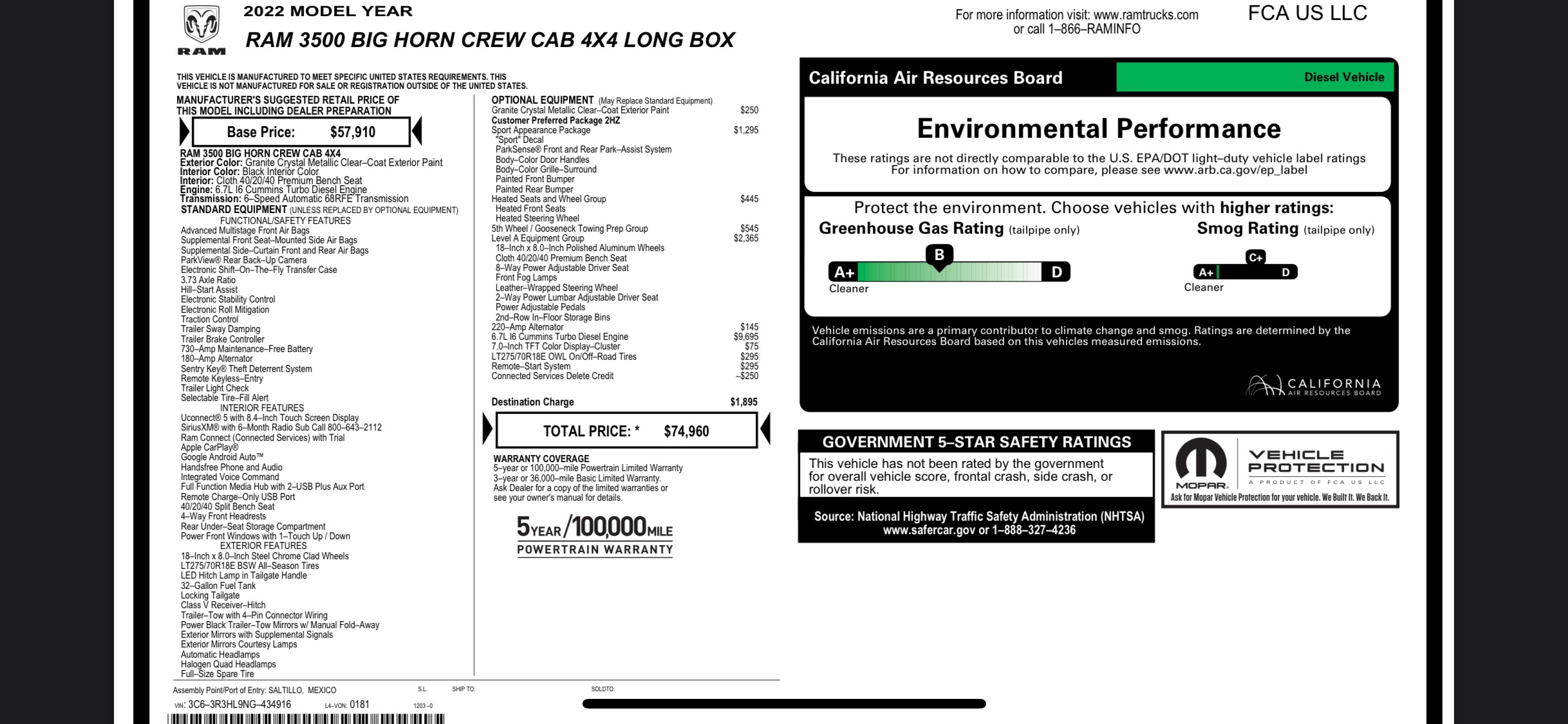 Ram 3500 Big Horn spec sheet