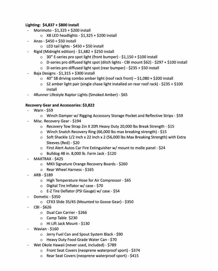 Modifications cost breakdown