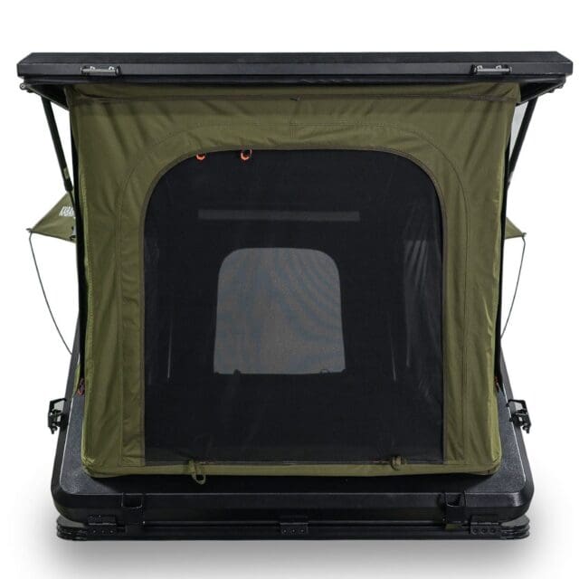 Front view of an olive green rooftop tent with a mesh screen door and zippered fabric cover, set up on a black base, ready for camping—perfect for your next Overland News adventure.
