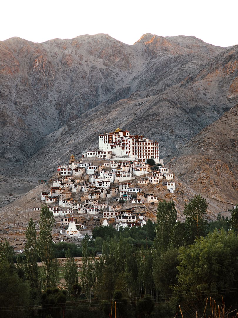 A white and brown monastery complex in Ladakh is built on a hillside surrounded by rocky, barren mountains, with green trees at the base, under a clear sky—a true glimpse of Kashmir’s serene beauty.