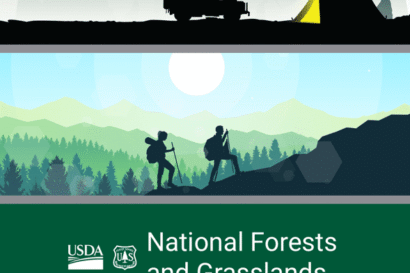 A phone screen displays art of outdoor activities—camping, hiking, kayaking, rock climbing, and biking—in National Forests and Grasslands with Forest Service resources for off and online forest recreation from the USDA.