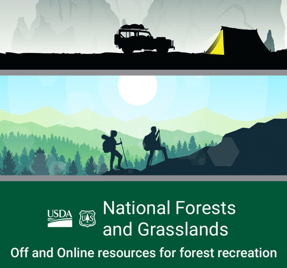 A phone screen displays art of outdoor activities—camping, hiking, kayaking, rock climbing, and biking—in National Forests and Grasslands with Forest Service resources for off and online forest recreation from the USDA.