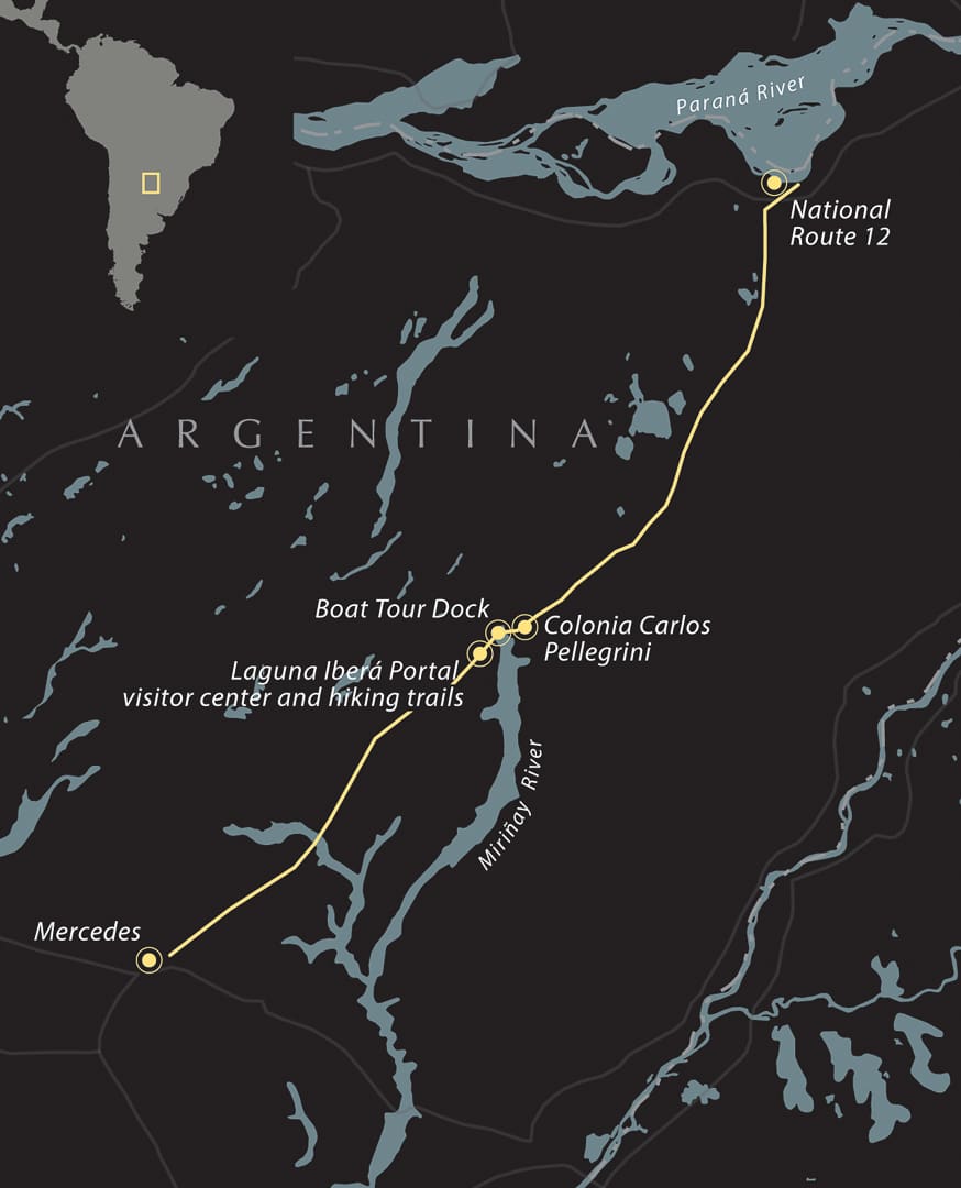 Map showing a travel route in Northeast Argentina from Mercedes to the Paraná River, highlighting stops like Iberá Park’s Laguna Iberá Portal, Colonia Carlos Pellegrini, National Route 12, and other visitor sites along popular overland routes.