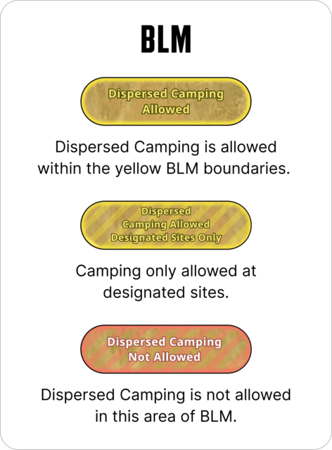 An Overland News informational graphic featuring three color-coded labels: yellow for Dispersed Camping Allowed, yellow with stripes for Designated Sites Only, and red for Dispersed Camping Not Allowed.