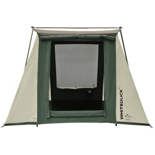 A green and beige canvas tent with a rectangular front door and mesh window, shown set up and viewed from the front. The brand Whiteduck is printed on the right side, as featured in Overland News.