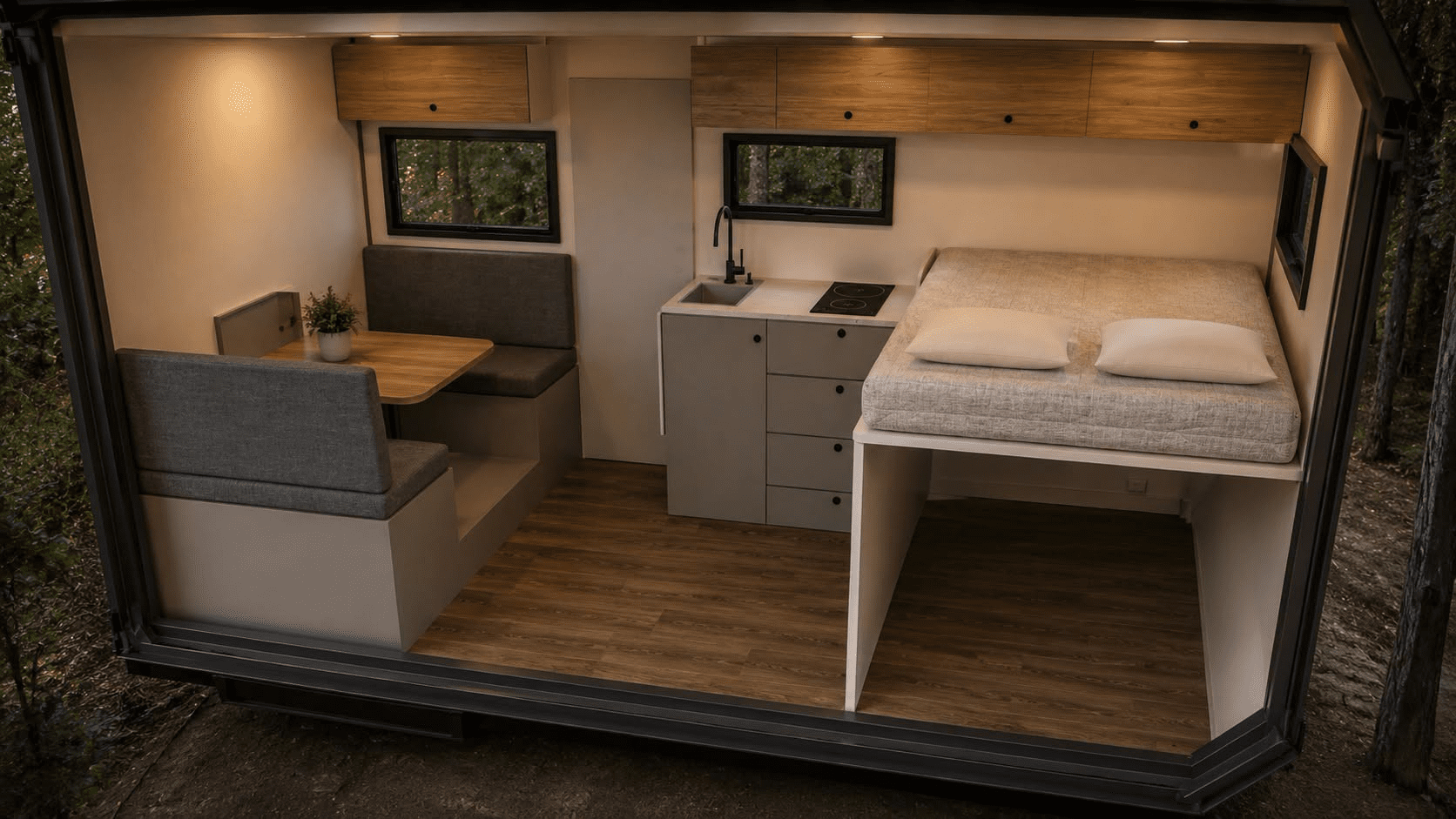 A compact modern tiny home interior featured in Overland News with a dining area, kitchenette, overhead cabinets, and raised bed; wood accents and large windows create a cozy, functional living space.