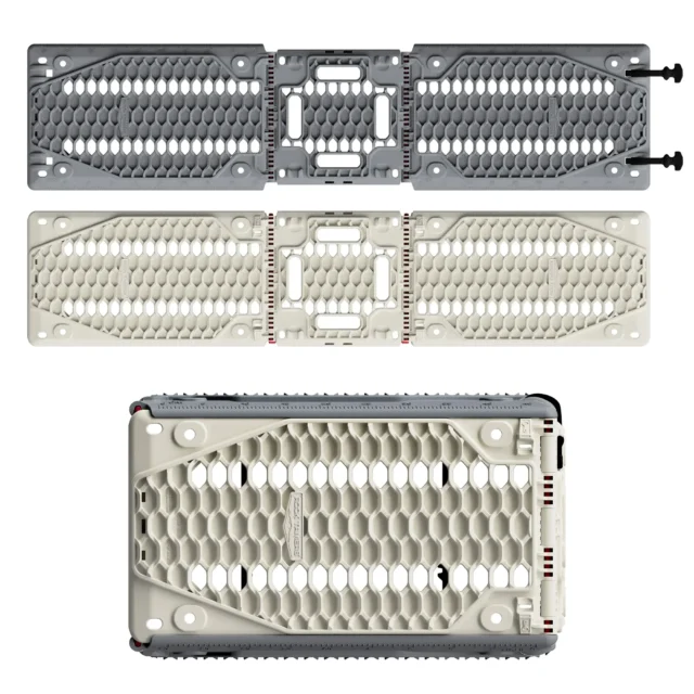 Three foldable, honeycomb-patterned traction boards in gray and off-white colors, shown in different open and closed positions on a white background—ideal recovery gear featured in Overland News.