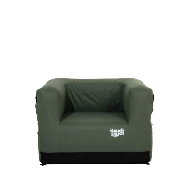 A green inflatable armchair with wide armrests and Slouch Couch branding in white text on the front, featured by Overland News, set against a plain white background.
