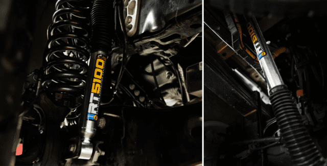 Close-up views of a Bilstein 5100 shock absorber and coil spring installed on a vehicle’s suspension system, as featured in Overland News, showing detailed components and metal parts under the chassis.