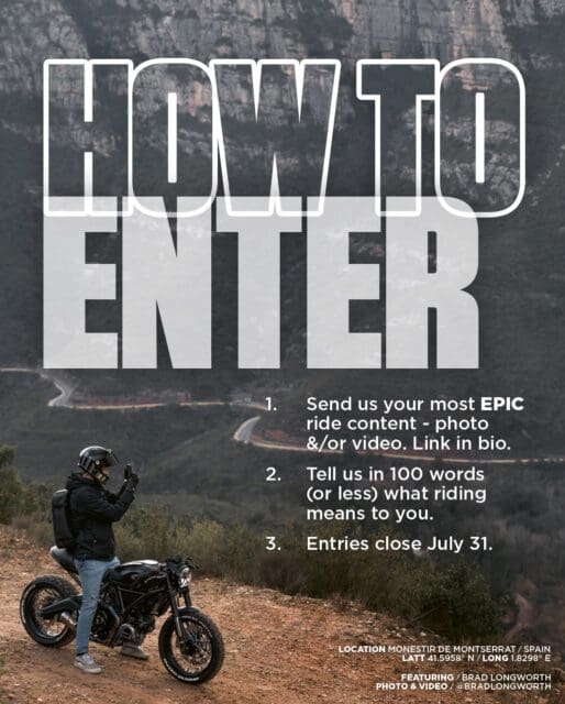 A person in motorcycle gear stands next to a black bike on a winding mountain road, snapping a photo with their phone. Large text reads How to Enter, followed by entry instructions for an epic Overland News riding photo/video contest.