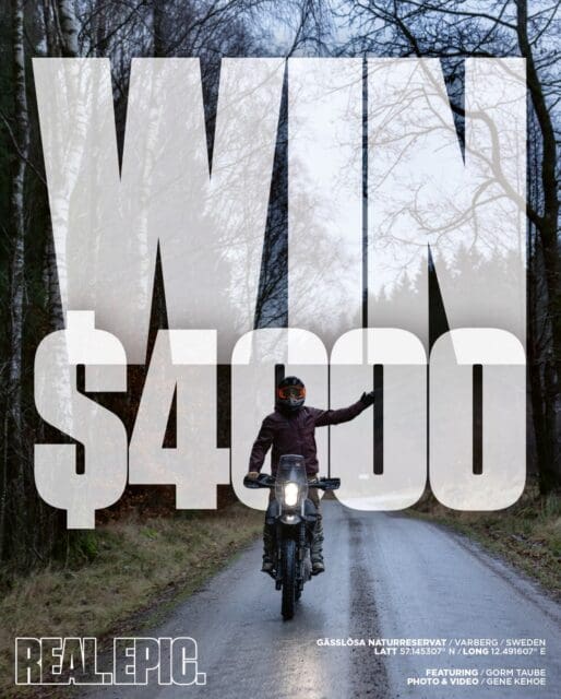 A person rides a motorcycle on a wet forest road under cloudy skies. Large text reads WIN $4000, with details about an Overland News contest, the location in Sweden, and credits at the bottom.