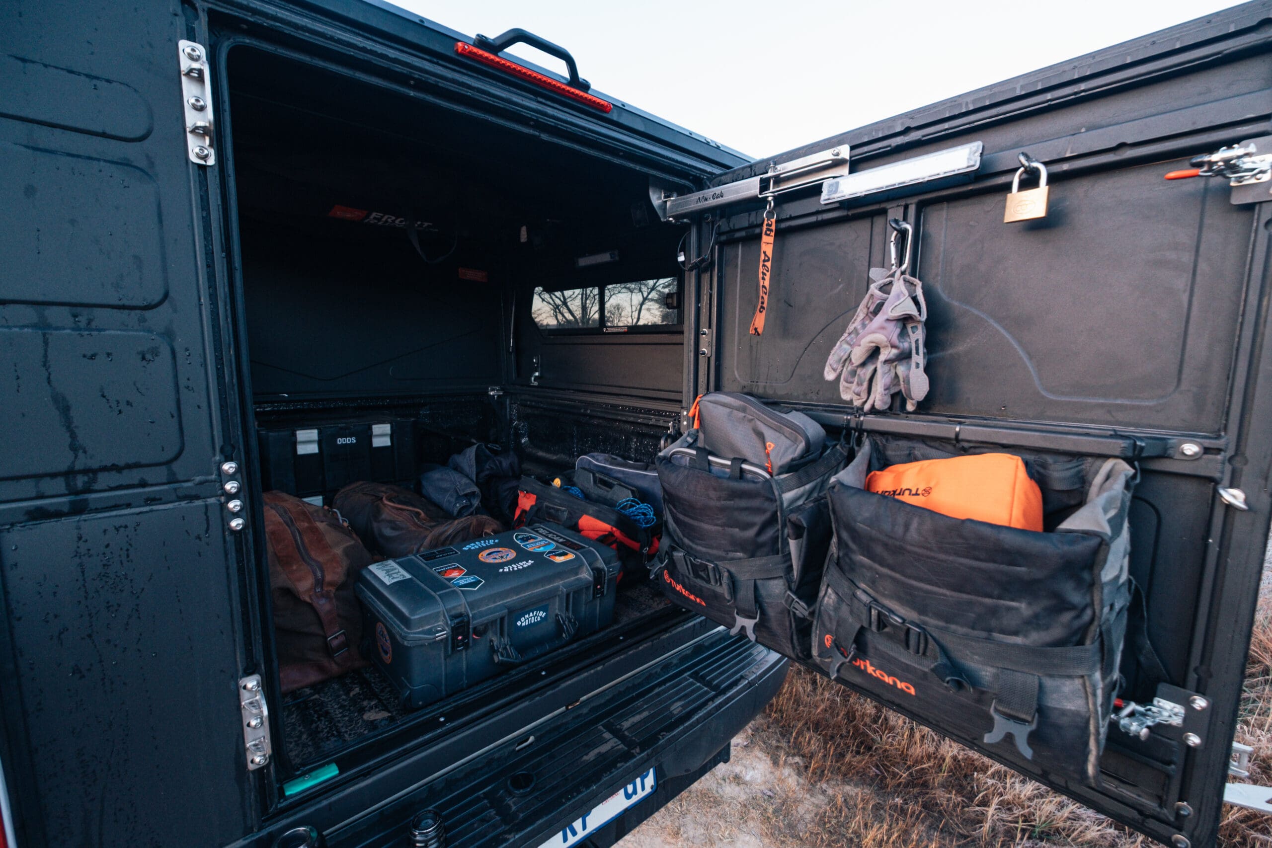 organization in the back of a truck camper