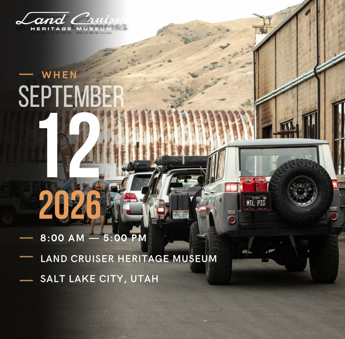 A line of off-road vehicles waits outside a building near hills, with text promoting an overland events and rallies gathering on September 12, 2026, at the Land Cruiser Heritage Museum in Salt Lake City, Utah.