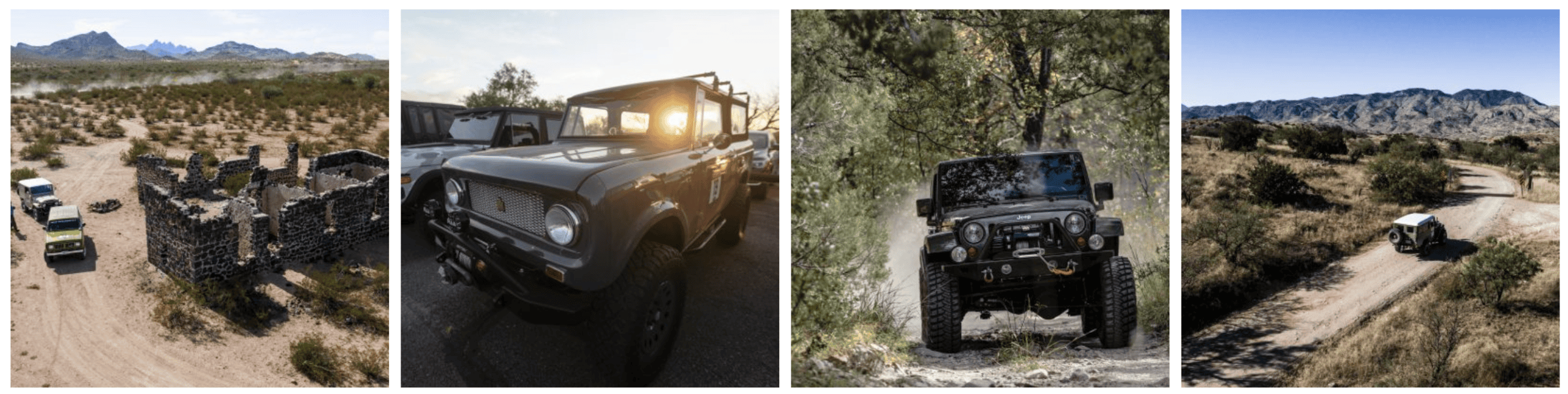 Four images: off-road vehicles driving through desert and forest trails, one by an old stone ruin, one in sunlight, one in a forest, and another on a winding dirt road with mountains in the background—perfect scenes from overland events and rallies that capture the spirit of adventure.