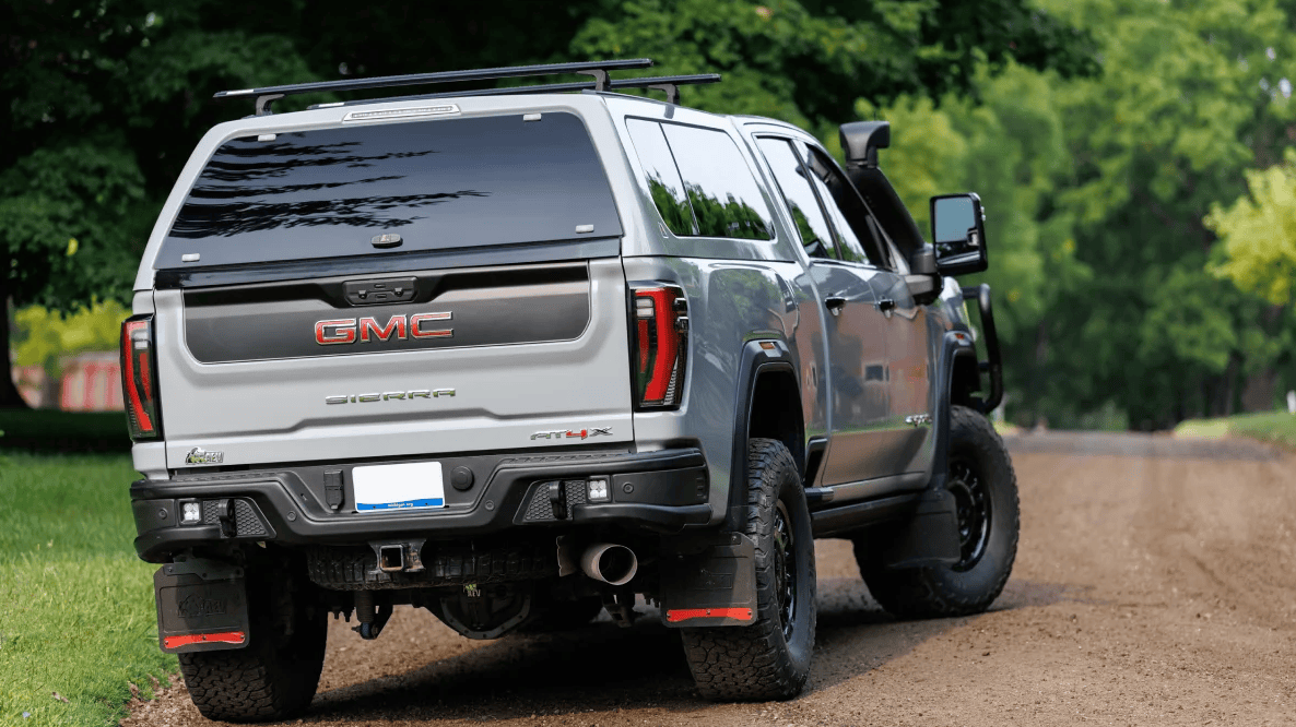 GMC truck from behind with splash guards