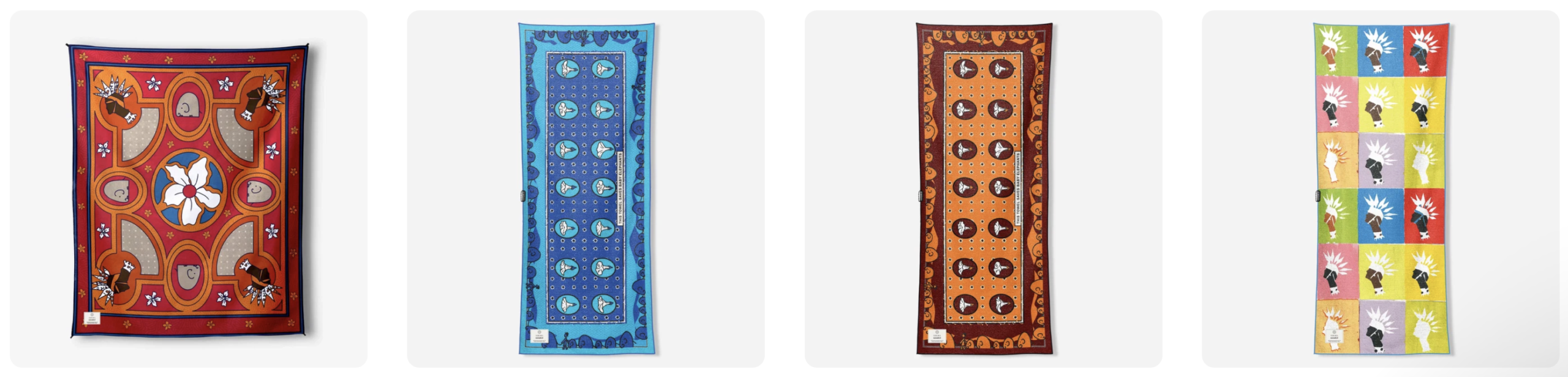 Four colorful, patterned rectangular textiles are displayed in a row. Designs include animals, geometric shapes, and abstract patterns in red, blue, brown, and multicolor themes on white backgrounds—perfect for brightening up any space or infusing your decor with an adventurous overland news-inspired flair.