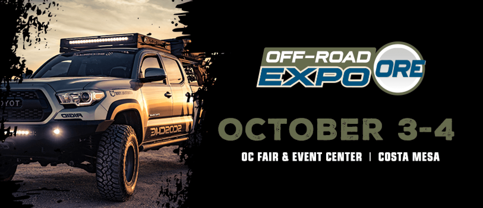 A rugged off-road truck is parked next to bold text promoting the Off-Road Expo, taking place this Fall, October 3-4 at the OC Fair & Event Center in Costa Mesa—your ultimate destination for Overland Events and adventure enthusiasts.
