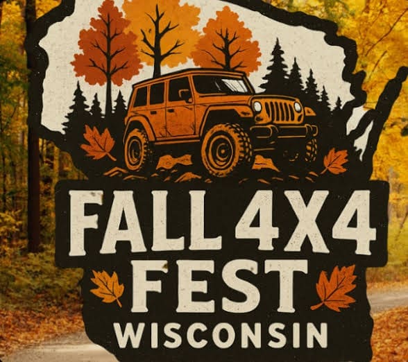 Logo for Fall 4x4 Fest Wisconsin featuring an orange off-road vehicle, autumn leaves, trees, and a map outline of Wisconsin, with a forest background—perfect for celebrating overland events and fall events in the Midwest.