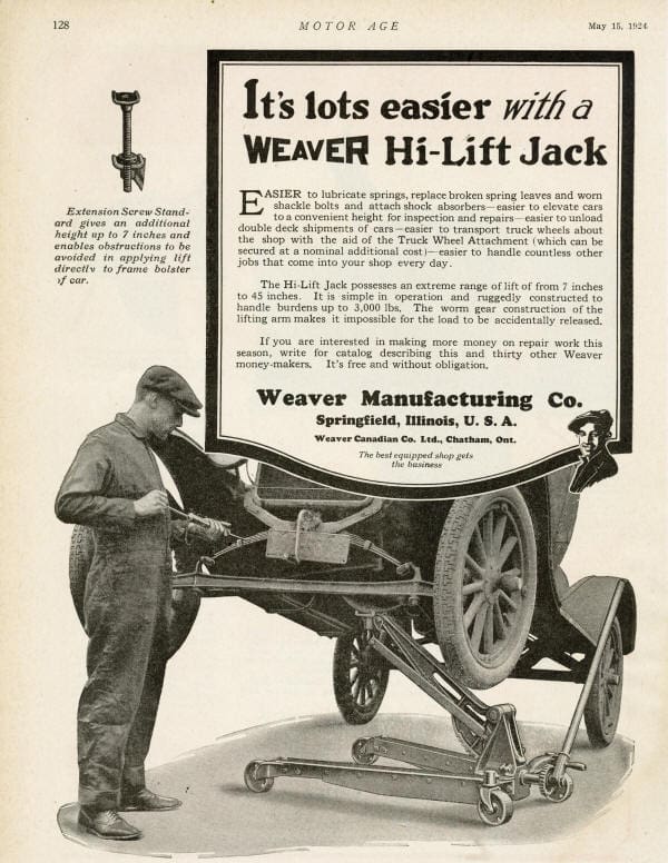 A man uses a hi-lift Weaver Hi-Lift Jack to lift a car by its frame while reading instructions; an ad highlights the jack’s ease of use and features, with detailed product information and illustrations.