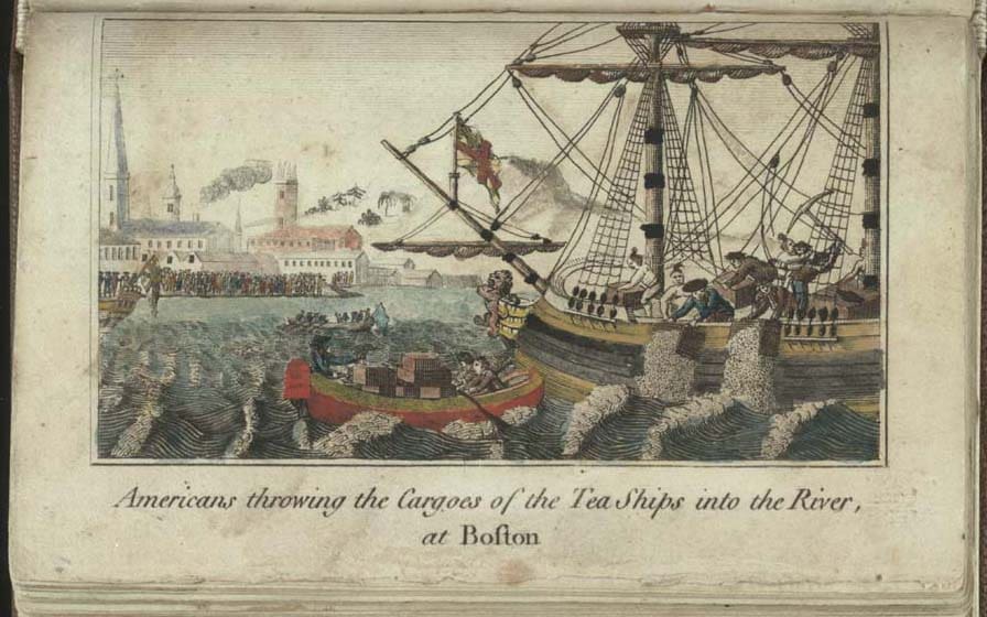 Illustration of colonists tossing tea chests from a ship into the river during the Boston Tea Party, with onlookers and buildings in the background. Text reads: Americans throwing the Cargoes of the Tea Ships into the River, at Boston. Capture this pivotal moment in history with our Classic Kit, featuring authentic details that bring the iconic tea protest to life.