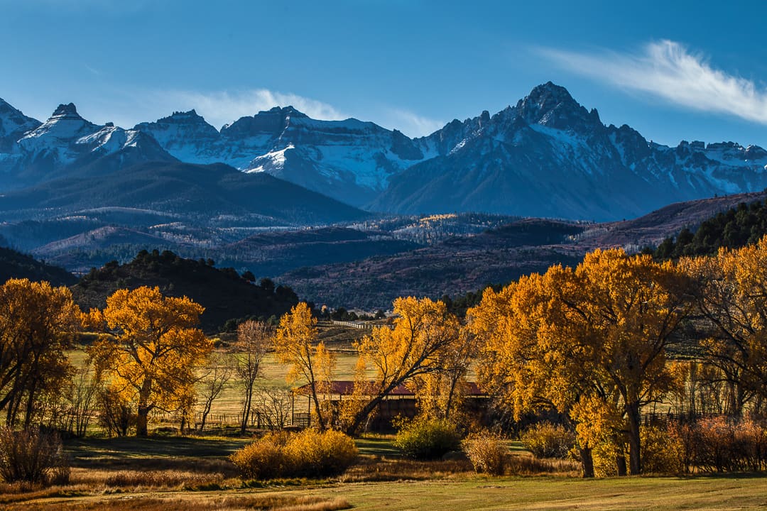 Tall, snow-capped mountains rise above rolling hills and a meadow with vibrant yellow autumn trees under a clear blue sky, capturing the breathtaking beauty of fall in Colorado.