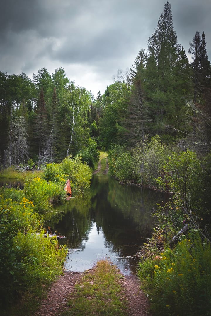 A muddy path leads into a shallow, reflective pond surrounded by dense, green forest under a cloudy sky. A small orange caution cone sits near the water’s edge, hinting at the kind of unexpected sights you might find while bikepacking on an escape through Sota’s wild landscapes.