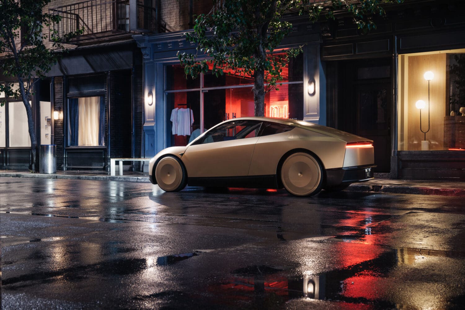 A futuristic silver car with smooth, minimalist design is parked on a wet city street at night, reflecting lights from storefronts and street lamps—a striking vision of autonomous overlanding seamlessly merging advanced travel with urban sophistication.