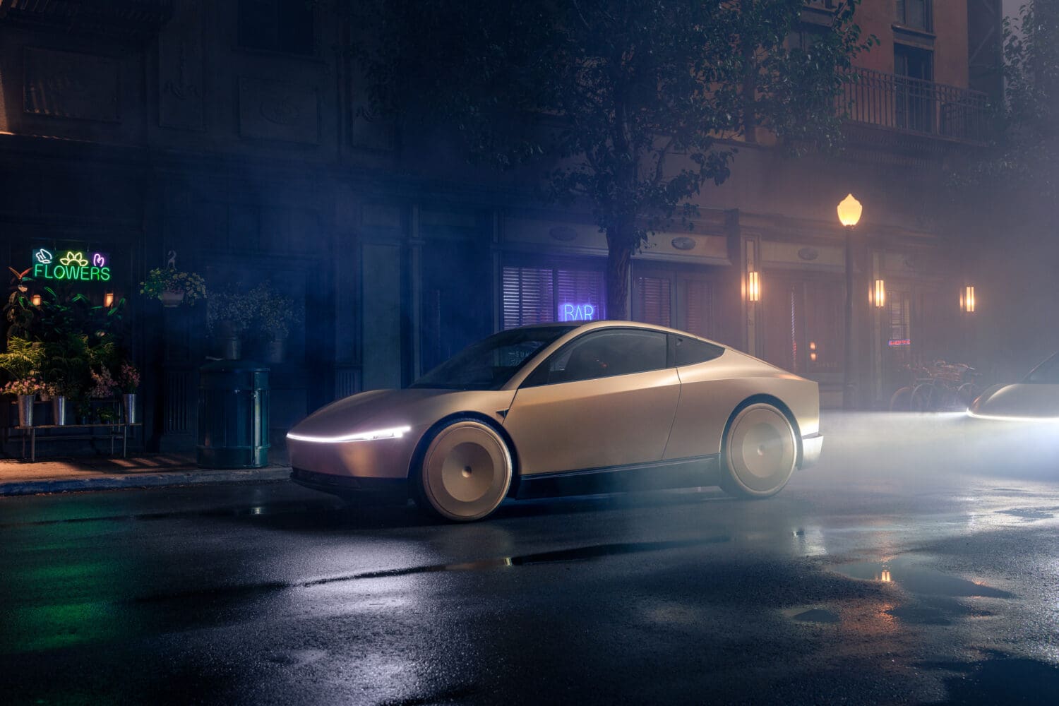 A sleek, futuristic white car—an exemplar of autonomous vehicles—is parked on a misty city street at night, with neon lights and trees in the background.