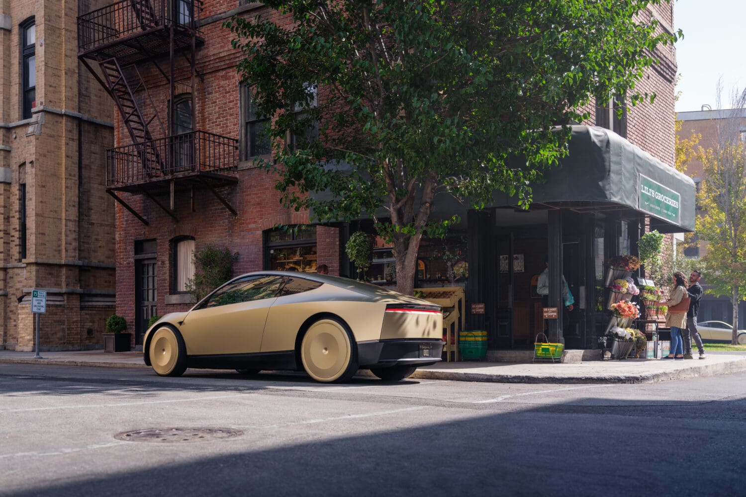 A gold electric car, designed for autonomous overlanding, is parked on a quiet city street in front of a corner store with a green awning. A person shops for flowers at a stand beside the entrance. Trees provide shade on the sidewalk.