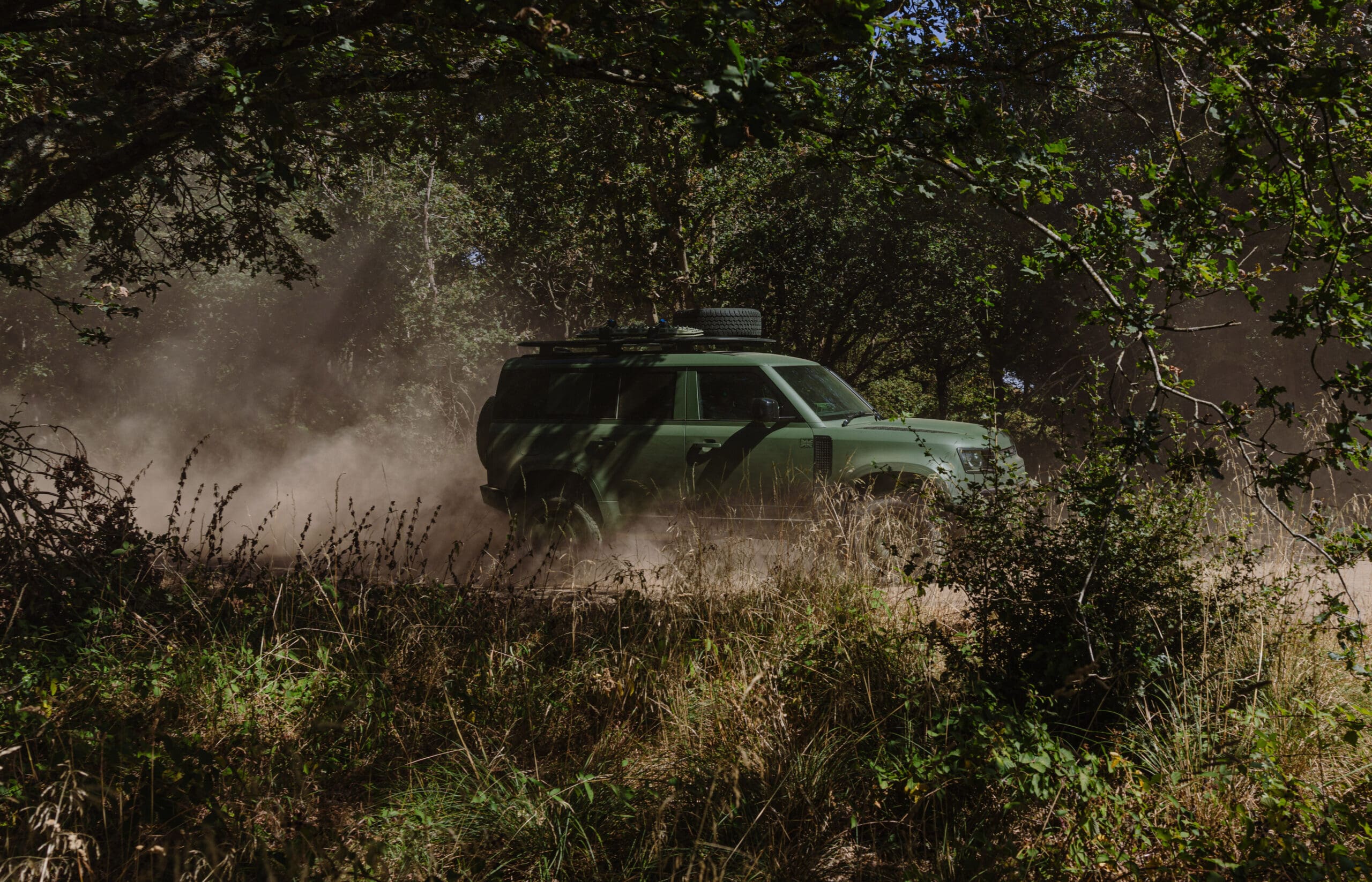 A green Defender Wolf Series II off-road SUV drives through a dusty dirt path in a forest, surrounded by tall grass and trees, with sunlight filtering through the branches.