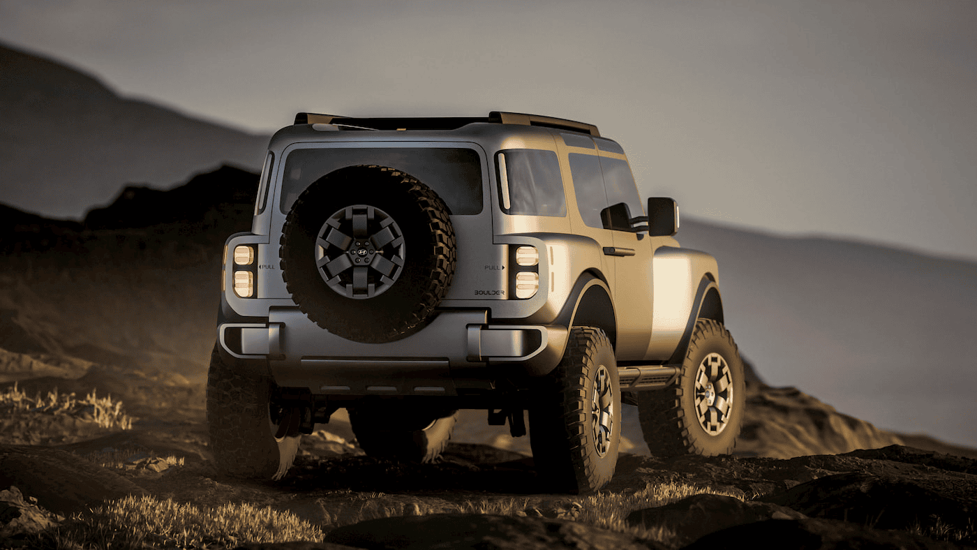 A white Hyundai off-road SUV with a spare tire on the back drives up a rocky, dirt path at sunset, with hills visible in the background.