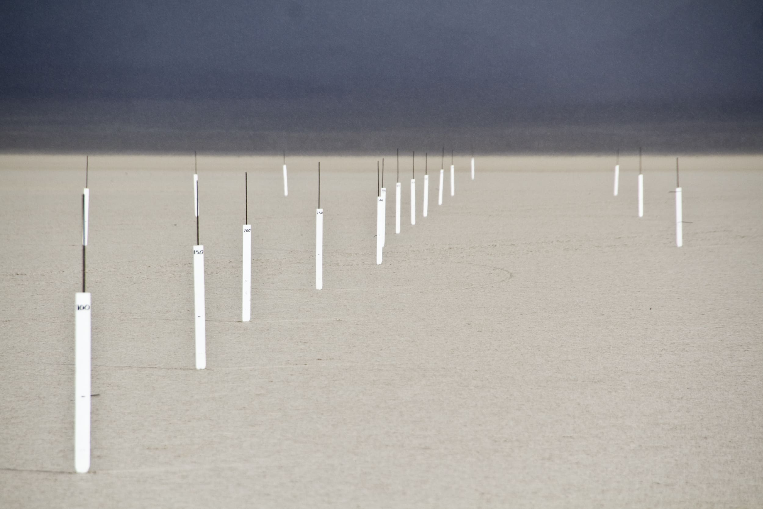 A row of white poles with metal tips stands in a barren, sandy landscape under a dark, cloudy sky, their surfaces faintly illuminated as if by distant driving lights.
