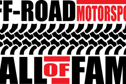 OFF-ROAD MOTORSPORTS HALL OF FAME in bold black and red text, separated by a large black tire tread pattern running horizontally across the image, celebrating legends of the Off-Road Hall of Fame.
