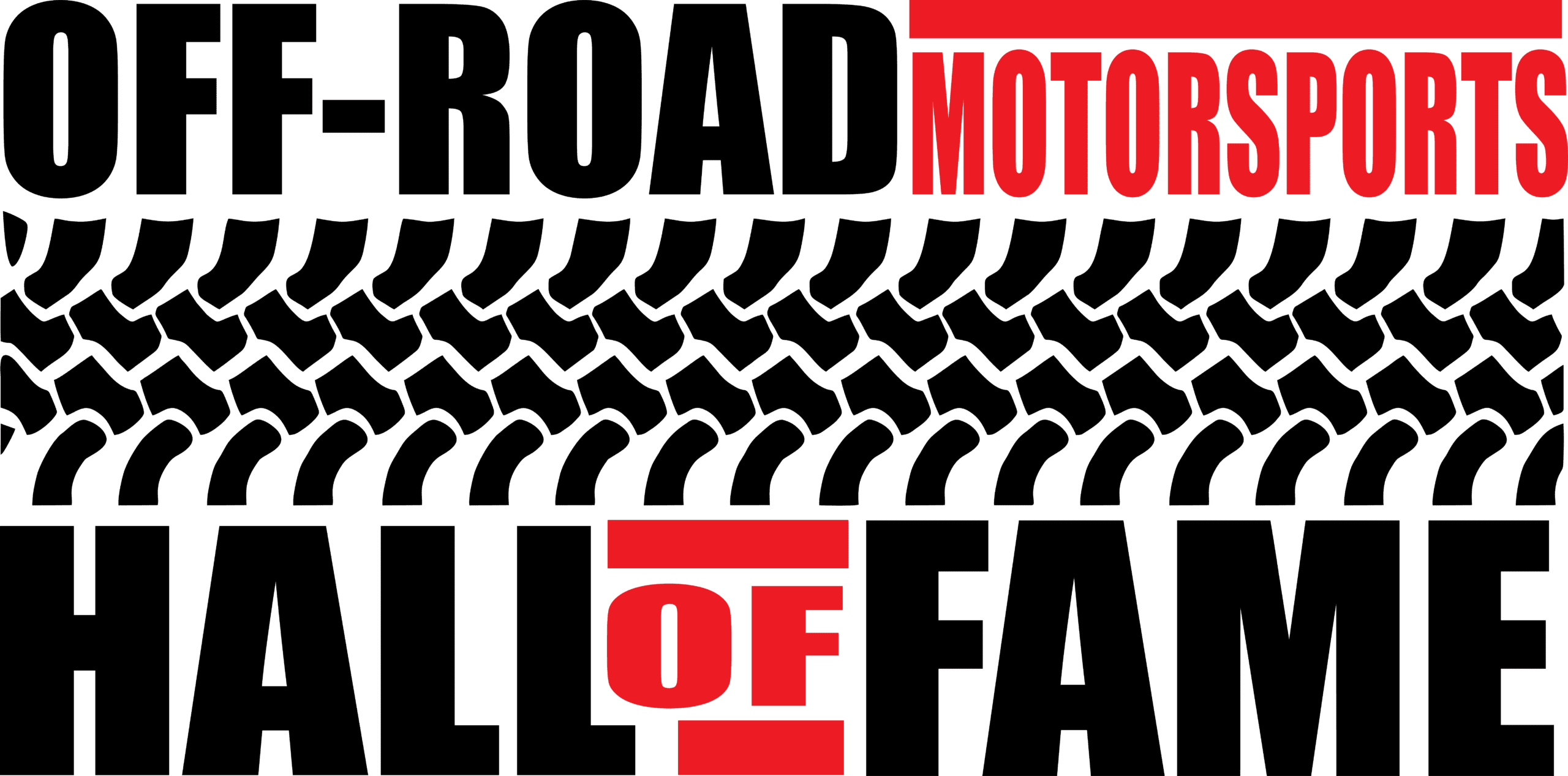 OFF-ROAD MOTORSPORTS HALL OF FAME in bold black and red text, separated by a large black tire tread pattern running horizontally across the image, celebrating legends of the Off-Road Hall of Fame.