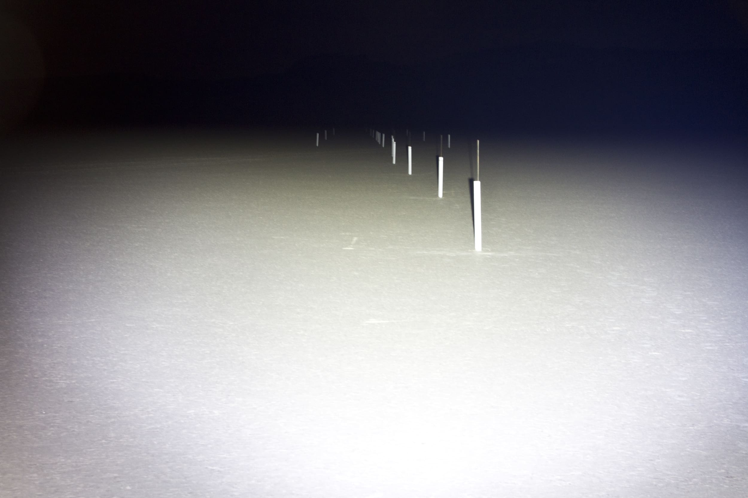 Rows of white posts illuminated by bright driving lights stand in a flat, barren landscape at night, fading into darkness in the background.
