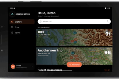 A tablet displays the campspotter app’s Explore page, showing upcoming trips with maps, trip names, dates, and numeric ratings. A search bar and navigation menu are visible on the left.