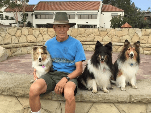 A man in a blue shirt and hat sits on a stone bench with three fluffy dogs beside him, enjoying the quiet moment as buildings and trees frame the background—a peaceful scene that feels like a true celebration of life.