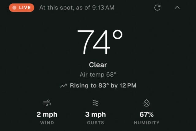 Weather display shows 74°F and clear at 9:13 AM—perfect for any campspotter ready to start their day. Air temp is 68°F, rising to 83°F by noon. Wind: 2 mph, gusts: 3 mph, humidity: 67%.