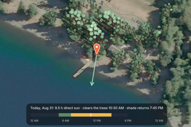 Aerial view of a lakeside dock with trees casting shadows, featured on campspotter. Sun exposure timeline below shows direct sunlight from 10:30 AM to 7:45 PM. An arrow and marker indicate the sun’s path over the dock.