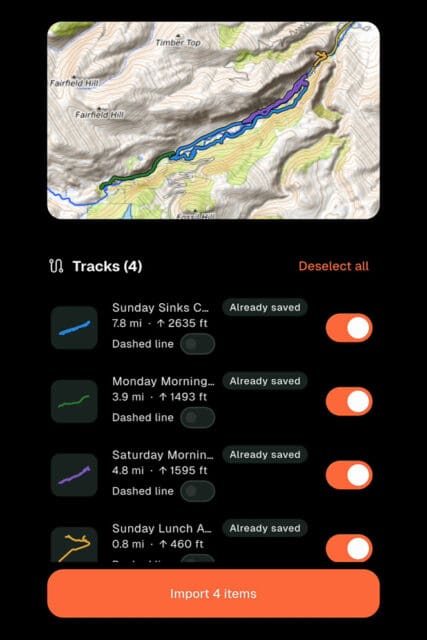 A hiking app interface, inspired by campspotter, shows a topographic map with a highlighted trail, a list of four saved tracks with distances and elevations, toggle switches, and an Import 4 items button at the bottom.
