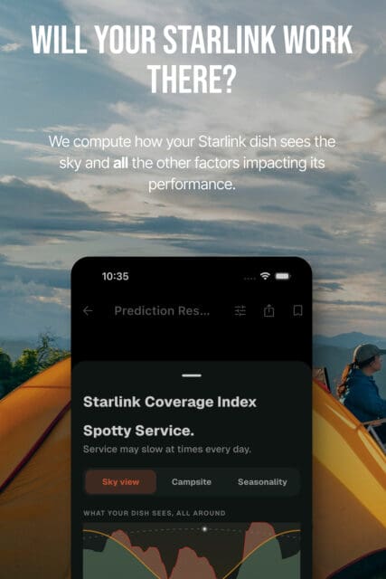 A phone screen shows a Starlink coverage prediction with the message Spotty Service. The background features a tent and mountains at sunset, evoking the spirit of every adventurous campspotter. The text asks, WILL YOUR STARLINK WORK THERE?.