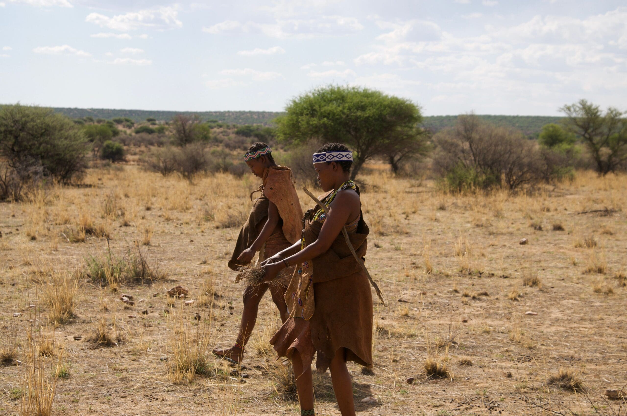 Two people wearing traditional clothing and beaded headbands walk across a dry, grassy landscape with scattered trees under a partly cloudy sky, capturing the spirit of exploration celebrated by Overland News.